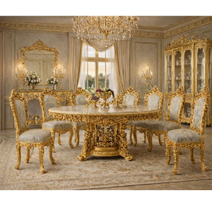 Juego de Comedor de Estilo Árabe Persa con Hojas Doradas Talladas, Muebles de Comedor de Estilo Barroco Real, Mesa Redonda de Lujo para 8 Personas - Product Image 1