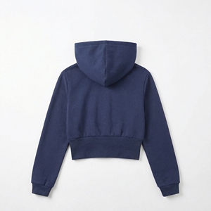เสื้อฮู้ดครอปสีกรมท่า ซิปยาวเต็มตัว มีเชือกผูกฮู้ด ชายเสื้อริบกว้าง และแขนเสื้อทรงเข้ารูป |   เสื้อผ้าสตรีทแวร์ผู้หญิง OEM / แบรนด์ส่วนตัว - Product Image 2