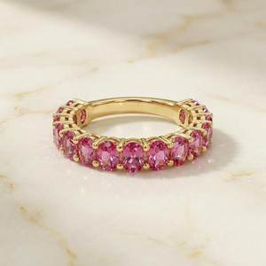 Pink Tourmaline Wedding <b>Ring</b> Shared Prong Eternity <b>Ring</b> 925 Sterling <b>Silver</b> 14K Gold Plated October Birthstone - Product Image 1