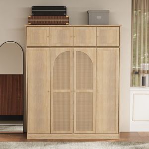 Armadio a 8 Ante di Grande Capacità, Alto 180 cm, con Ripiani Regolabili, Ante Decorative in Rattan, Asta Appendiabiti Inclusa - Product Image 2