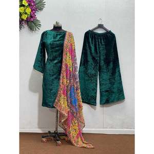 Ensemble haut et bas en velours vert de style modeste avec dupatta - Product Image 6
