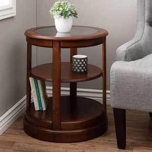 <b>Round</b> wooden <b>side</b> <b>table</b> with three tier design glass inset top modern accent furniture with shelves for living room setup - Product Image 1