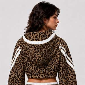 Sweat à capuche court pour femme, imprimé léopard original, avec fermeture éclair, manches rayées, cordon de serrage, en polaire premium doux - Product Image 2
