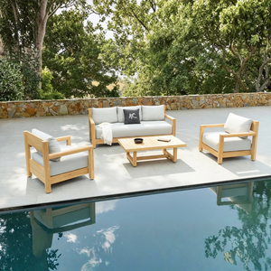 Minimalist Wood <b>Outdoor</b> <b>Sofa</b> Set with Light Gray Cushions Waterproof Garden Furniture for Poolside Use - Product Image 1