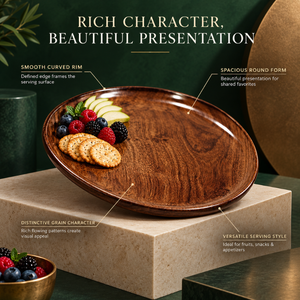 Assiette de présentation généreuse en bois de manguier poli de 11 pouces, durable, à rebord surélevé et à grain de bois intense |   Plateau de mariage moderne pour fruits - Product Image 4