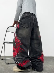 <b>Mens</b> Regular Fit Wide Leg Solid Spring Y2K Gothic Dragon Graphic <b>Printed</b> Washed Black Denim <b>Jeans</b> Streetwear Trousers - Product Image 3