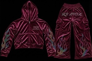ชุดวอร์มผ้าฝ้าย 100% สีน้ำเงินกำมะหยี่ พร้อมฮู้ดและเชือกผูก กางเกงขายาว ดีไซน์ลายเปลวไฟประดับเพชรด้านหน้า เหมาะสำหรับทุกเพศ สวมใส่สบายในฤดูหนาว - Product Image 2