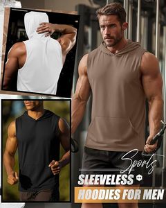 Custom <b>Sleeveless</b> <b>Hoodie</b> Low MOQ Hooded Vest Men Pullover Kangaroo Pocket Chocolate Brown Charcoal Grey Workout Streetwear Gym - Product Image 2