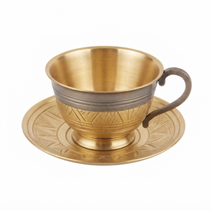 Juego de Taza y Platillo de Té de Latón Antiguo de Dos Tonos, Diseño Geométrico Grabado en Bronce, Taza de Café Turca, Vajilla para Hoteles, Regalos al por Mayor - Product Image 1