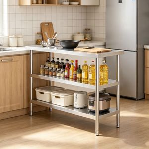 Tavolo da Preparazione Autoportante in Acciaio Inox 304 con Lavello, Ripiani e Piano di Lavoro, Finitura Spazzolata Opaca - Product Image 1