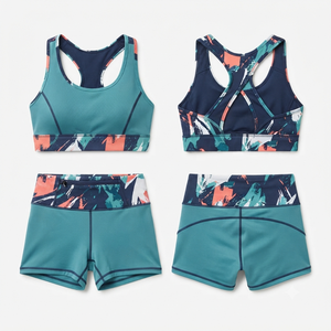 Ensemble soutien-gorge de sport et short à imprimé abstrait bleu sarcelle avec design dos croisé - Product Image 2