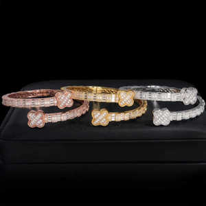 Trendy 14k 18k <b>Solid</b> Orignal <b>Gold</b> Diamond Bracelet Flower Lab Created Diamond Eternity Bypass Cuff <b>Bangle</b> Statement Bridal - Product Image 5