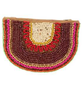Porte-monnaie demi-lune noir multicolore à motif floral lotus, orné de perles et de perles de rocaille, avec fermeture éclair, style botanique - Product Image 6