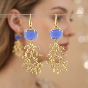 Boucles d'oreilles pendantes en forme de feuille de calcédoine bleue à motif damier, en laiton massif plaqué or 18 carats, bijoux fantaisie pour femme, vente chaude - Product Image 2