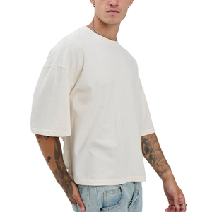 Men's Oversized <b>Cream</b> Cotton <b>T</b>-<b>Shirt</b> Short Sleeve O-Neck Casual Plain Jersey Fit Solid Color Knitted Streetwear Style - Product Image 4