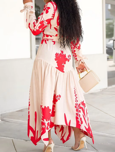 เดรสลายดอกวินเทจสำหรับผู้หญิง แต่งเข็มขัดตัดสี แขนยาว ชายกระโปรงไม่สมมาตร เป็นมิตรกับสิ่งแวดล้อม เอวสูง ยาวคลุมเท้า สไตล์ลำลอง - Product Image 4