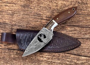 Couteau de chasse OEM Wirecut en acier Damas, lame fixe, manche en Micarta et bois de cerf, couteau de camping et d'extérieur EDC avec étui en cuir - Product Image 3