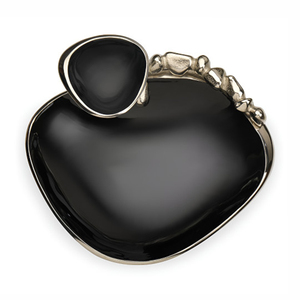 Plateau de service élégant en métal de luxe pour chips et trempettes, avec intérieur émaillé noir, bordure argentée et petit bol intégré, idéal pour la décoration intérieure - Product Image 4