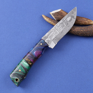 Cuchillo de caza OEM personalizado con hoja fija de acero 12C27 grabado al ácido, punta de gota, mango de resina de grado industrial - Product Image 3