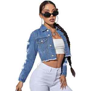 New Design Women's <b>Crop</b> <b>Top</b> Casual Ripped Holes Short Raw Hem Knitted Light <b>Blue</b> Colour Button Up Denim <b>Tops</b> - Product Image 4