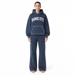 Ensemble de survêtement décontracté pour femme, effet délavé, avec sweat à capuche orné de strass et pantalon de jogging à jambe large – Vente en gros, haute qualité - Product Image 1