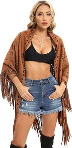 Women's Brown Fringe Shawl Long Dot Pattern Polyester Bohemian <b>Scarf</b> For Summer Daily Wear - Product Image 3