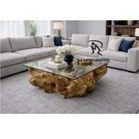 Table basse rustique multifonction en bois massif de racine de teck avec plateau en verre