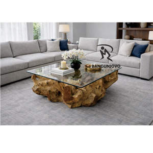 Table basse rustique multifonction en bois massif de racine de teck avec plateau en verre - Product Image 4