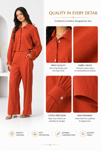 Custom OEM Apparel Women Clothing Premium Cotton Fabric Two Piece <b>Set</b> Long Sleeve Shirt High Waist Pants Co-ord <b>Set</b> - Product Image 3