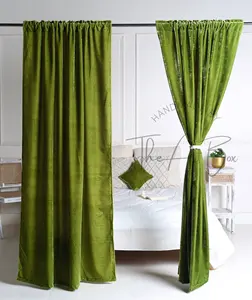 现代鹦鹉绿色天鹅绒窗帘门窗悬挂29x45英寸长窗帘客厅装饰天鹅绒窗帘