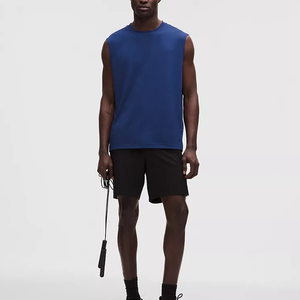 Débardeur tricoté sans manches à capuche bleu pour homme, col montant, imprimé, sportif, séchage rapide, respirant, en coton/bambou, pour l'entraînement - Product Image 1