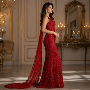 Luxury Red <b>Sequin</b> Mermaid Evening Gown Women Designer Formal Party Dress Elegant Wedding Reception Prom Maxi Natural Embroidery - Product Image 3