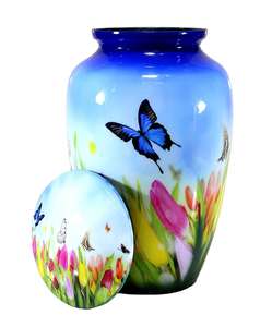 Urna Decorativa para Cremación con Forma de Tulipán y Mariposa Azul, con Tapa, Elegante Recuerdo Floral Conmemorativo - Product Image 1