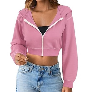 New Trending Custom Zipper <b>Up</b> Pink Color Women Hoodies Crop Top <b>Zip</b> <b>up</b> Hoodie Cotton Oversized Sexy <b>Cropped</b> Yoga Hoody 2026 - Product Image 1