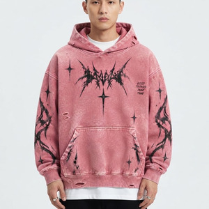 Sweat à capuche rose gothique oversize en molleton 100% coton délavé avec motif imprimé par pulvérisation, unisexe, streetwear d'automne - Product Image 5