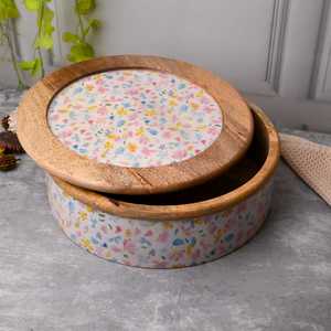 Pot de rangement en bois de style indien classique avec couvercle en bois, écologique, compatible lave-vaisselle, compatible tous types de cuisinières, diamètre 20 cm UO - Product Image 2