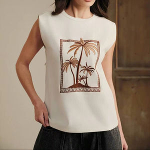 T-shirt en jersey de coton beige pour femme, manches courtes, orné de perles et de strass en forme de palmier, haut décontracté d'été à col rond pour femme - Product Image 1