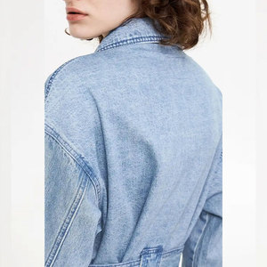 <b>Women's</b> Light Blue Denim Safari Jacket Full Sleeve Turn-down Collar Washed Cotton Utility Style <b>Belt</b> Closure Autumn Wear - Product Image 4