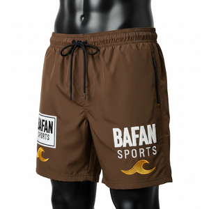 กางเกงว่ายน้ำชายคุณภาพสูง 140 GSM แห้งเร็ว ผลิตจากโพลีเอสเตอร์ สีน้ำตาลครีม ปักโลโก้ด้วยผ้าเชนิลล์ เหมาะสำหรับใส่ไปชายหาด - Product Image 5