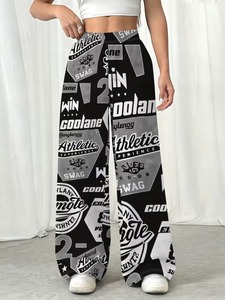 Girls' Straight Leg <b>Pants</b> , Black And White American Street Letter Print, Loose Wide Leg Trousers, Wide Leg Silhouet - Product Image 3