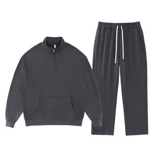 ชุดวอร์มแบบ unisex เสื้อฮู้ดซิปครึ่งตัวพร้อมกางเกงรูดเชือก สีพื้น ผ้าฝ้าย 100% สวมใส่สบายๆ ในฤดูใบไม้ร่วง ทรงปกติ - Product Image 2