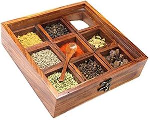 Caja de especias cuadrada de madera con compartimentos de almacenamiento, cuchara de madera, caja de regalo para frutos secos, tamaño personalizado y en oferta. - Product Image 4