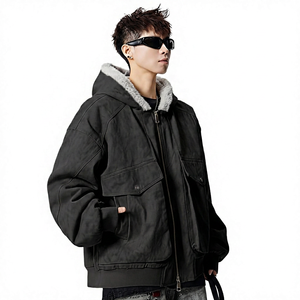 Men's Winter Coated Hooded <b>Jacket</b> Canvas <b>Fleece</b> <b>Lining</b> Zipper Casual Loose Fit Windproof Thick Solid Color Pattern Front - Product Image 5