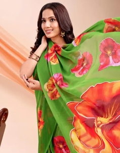 Sari ethnique moderne pour femme KV en rayonne et mousseline, imprimé numérique, avec pompons et latkans, style Bollywood, collection automne - Product Image 2