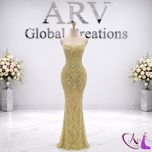 Vestido de noche largo hasta el suelo, bordado a mano, color verde oliva, estilo sirena |   Vestido de fiesta de diseñador sin tirantes con sujetador incorporado |   Formal - Product Image 3