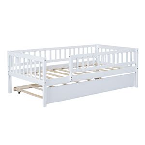 Letto singolo in legno bianco con letto estraibile e sponde di sicurezza per camerette dei bambini - Product Image 4