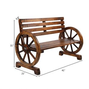 Rustic 2-Person Wooden Wagon Wheel Bench with Slatted Seat and <b>Backrest</b> Brown Patio Bench - Product Image 2