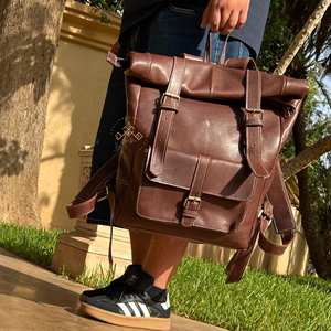 Trendy Genuine Leather <b>Roll</b> <b>Top</b> <b>Backpack</b> Contemporary Cowhide Leather Bag Custom Logo Large Travel Pack LRTB-0135 - Product Image 2
