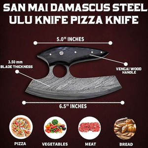 Custom Handmade Damascus Steel Pizza Cutter Outdoor Knife Premium Wooden Handle Kitchen Axe with Genuine Leather Sheath - Product Image 6