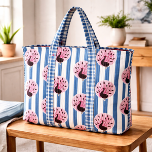 Blue Striped <b>Peacock</b> Print Cotton Tote <b>Bag</b> Large Capacity Reusable Shopping <b>Bag</b> Eco Friendly Women Shoulder Handbag - Product Image 1